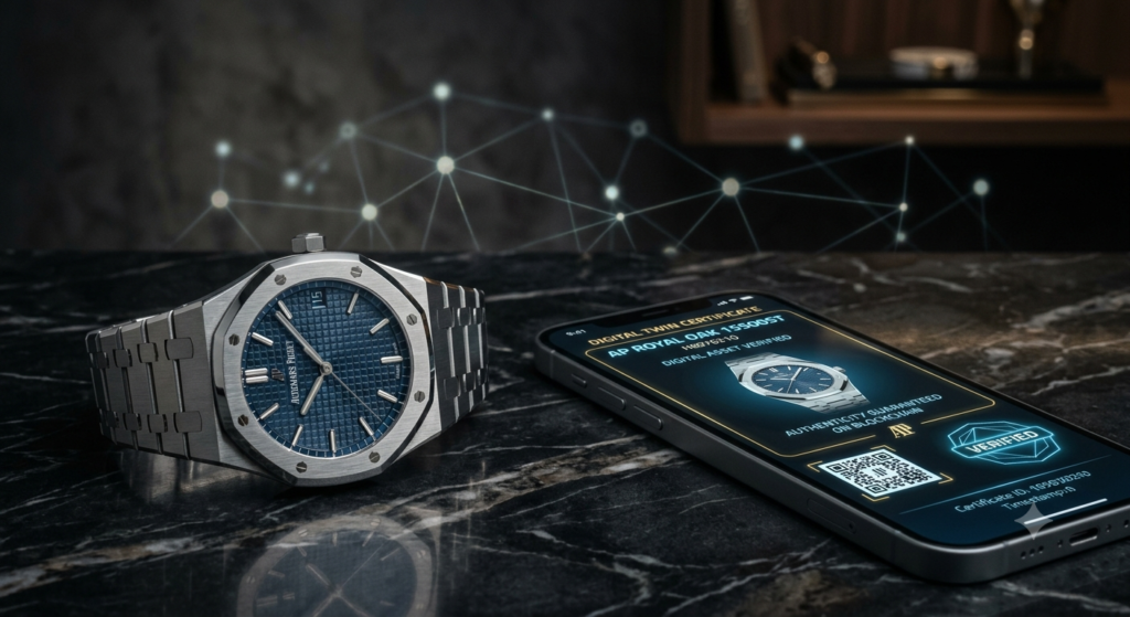 Smartphone displaying a digital twin blockchain certificate next to a luxury watch, demonstrating how NFTs in luxury brands provide authentication