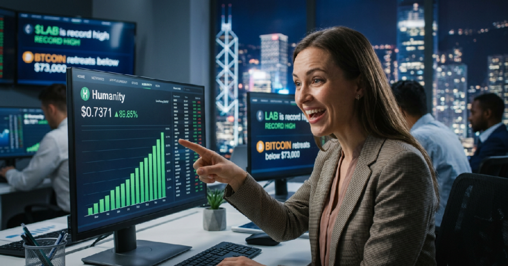 Humanity jumps 89.85% to $0.7371 as Bitcoin dips under $73,000
