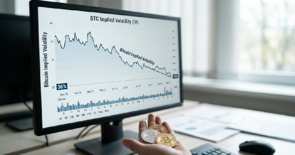 Bitcoin implied volatility drops to 36%, lowest in eight months