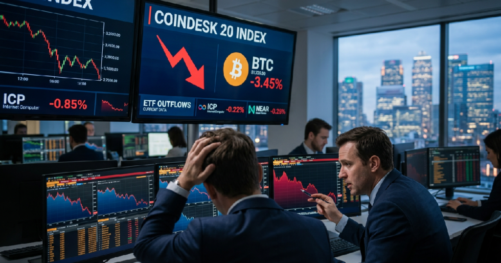 CoinDesk 20 benchmark falls 4.8% to 1,681.25 amid record ETF outflows