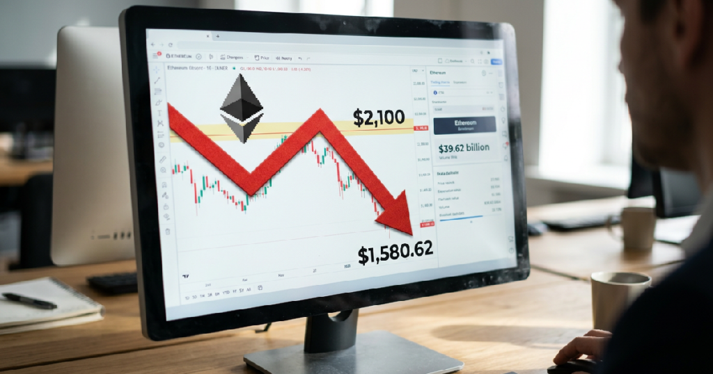 Ethereum price drops 8.91% to $1,580.62 after failing to hold $2,100