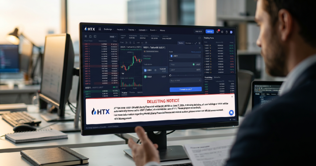 HTX delists USD1 stablecoin on June 7, 2026, converts user holdings to USDT