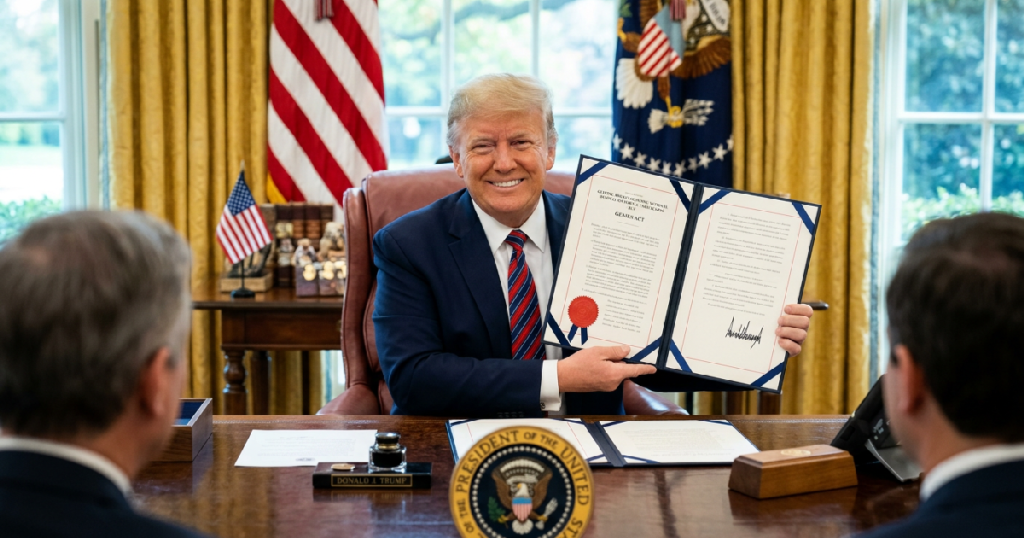 President Donald Trump signs stablecoin legislation on July 18, 2025