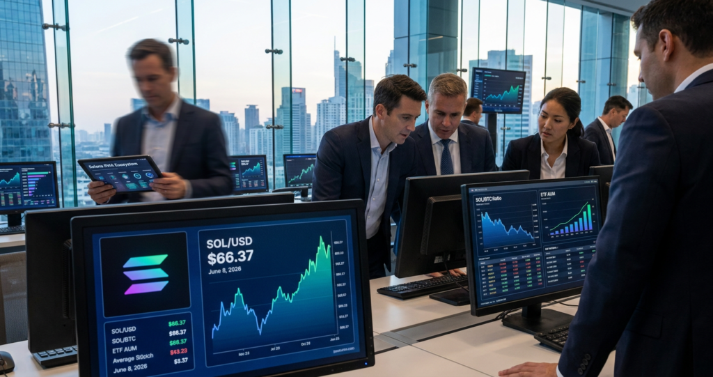Solana challenges market dominance, trading at $66.37 on June 8, 2026