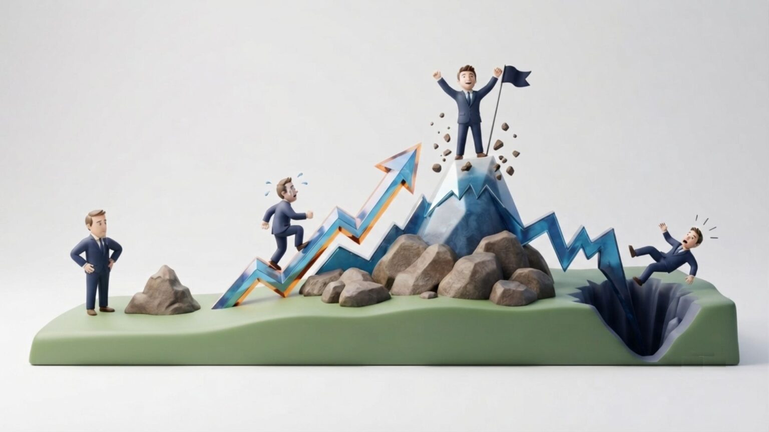 3D illustration the four behavioral phases of crypto market cycles transitioning from accumulation to market euphoria and capitulation