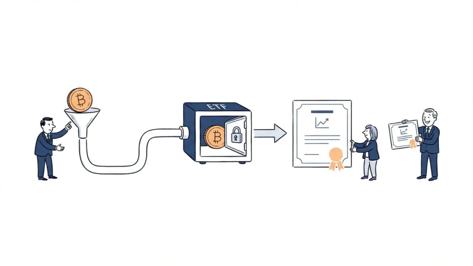 Abstract illustration representing the arbitrage mechanics of crypto spot ETFs; how spot crypto ETFs connect traditional stock markets with Bitcoin through the ETF creation and redemption process
