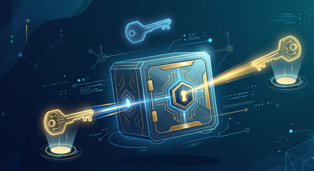 Illustration showing a 2-of-3 multisig crypto wallet setup where two digital keys are used to unlock secure crypto storage
