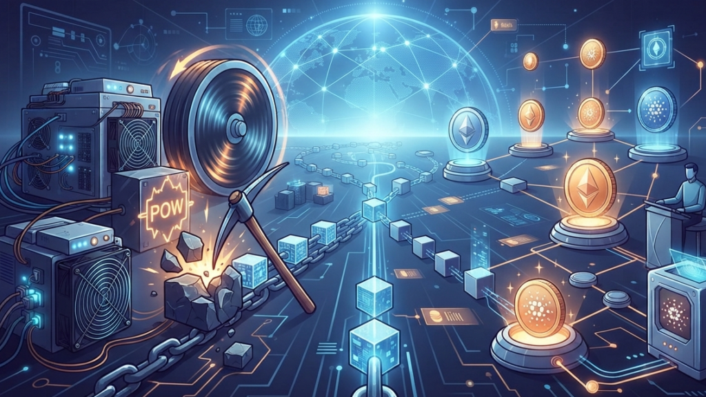 How the security models of Proof of Work and Proof of Stake actually differ 3D rendering illustrating the differences of Proof of Work and Proof of Stake