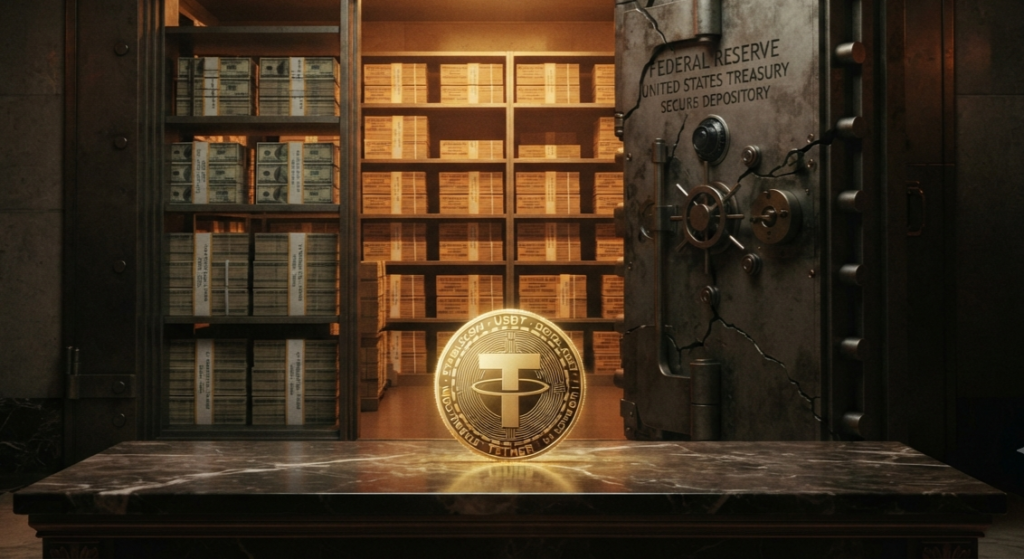 How Does Tether Make Money? The Hidden Billions Behind the USDT Empire Illustration explaining how does Tether make money showing USDT coin and US treasury bills in a bank vault