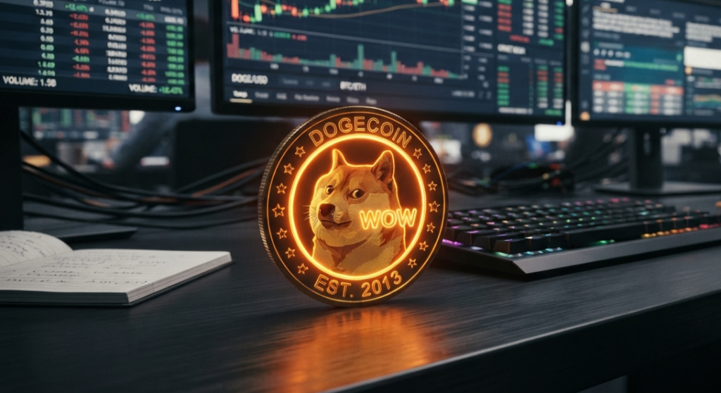 Why Does Dogecoin Have an Infinite Supply? (And Can It Still Go Up?) 3D visualization of Dogecoin tokenomics and market cap charts explaining the Dogecoin infinite supply on a professional trading desk