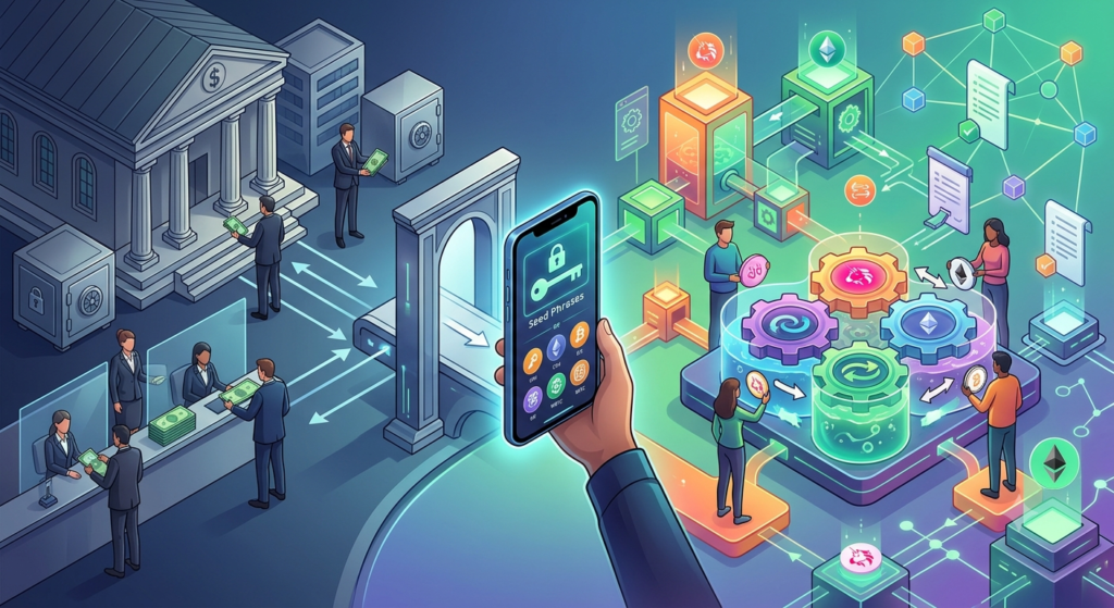 What is Uniswap? The Ultimate Guide to the World’s Largest Decentralized Exchange Visual representation of what is Uniswap, showing the transition from traditional banking to a self-custody crypto wallet and automated market makers in decentralized finance.