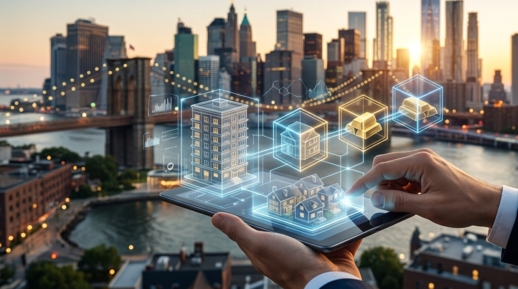 What Are Tokenized Real-World Assets? Visual representation of tokenized real-world assets connecting traditional finance like real estate and gold to blockchain technology