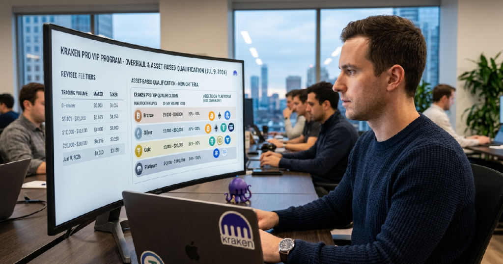 Kraken Pro overhauls VIP fee tiers, adds asset-based qualification on July 9, 2026 Kraken Pro fee tiers: Kraken Pro overhauls VIP fee tiers, adds asset-based qualification on July 9, 2026