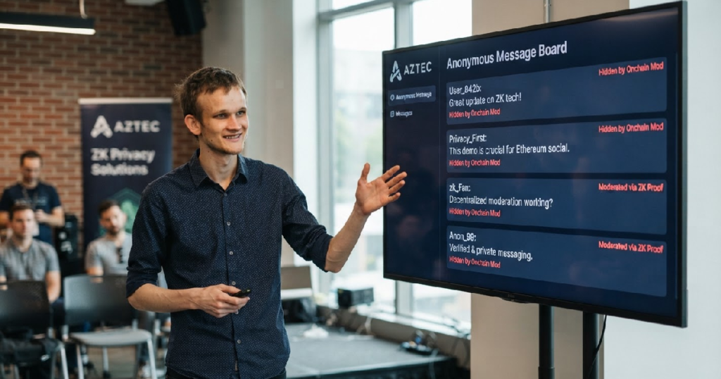 Vitalik Buterin unveils anonymous billboard demo with onchain moderation on Aztec Vitalik Buterin Aztec demo: Vitalik Buterin unveils anonymous billboard demo with onchain moderation on Aztec