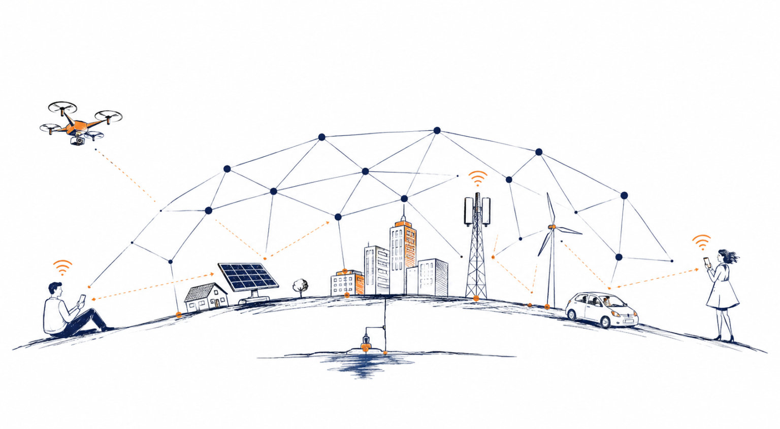 Illustration explaining what DePIN is, showing decentralised physical infrastructure networks connecting storage devices, wireless hotspots, GPUs and blockchain infrastructure into a distributed global network.