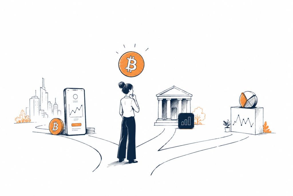 How to buy Bitcoin, Illustration comparing different ways to buy Bitcoin through a crypto exchange, financial app and Bitcoin ETF, highlighting ownership, custody and investment choices.