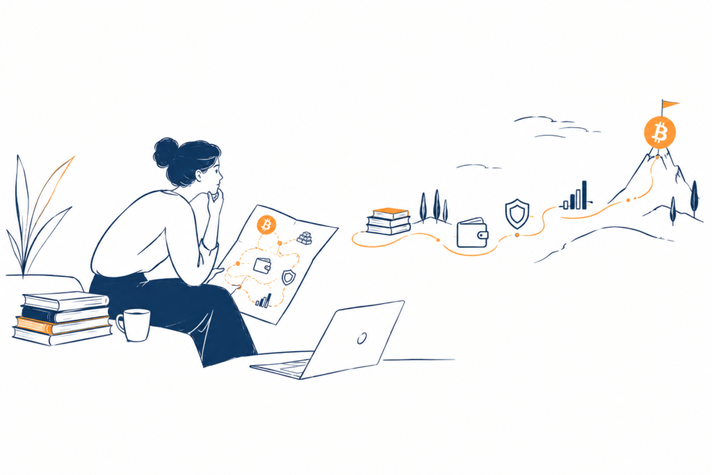 What are essential crypto guides for beginners Focused illustration of a woman studying finance beside a laptop and books, with crypto icons, wallet, shield, and an upward Bitcoin chart