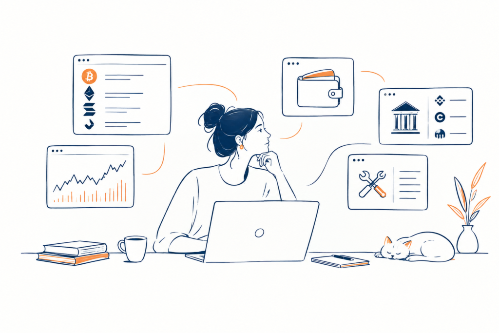 Comprehensive crypto exchange reviews: navigating platforms, wallets, and tools Illustration of a woman working at a laptop, surrounded by crypto, wallet, bank and chart icons; a cat rests nearby, creating a calm finance scene