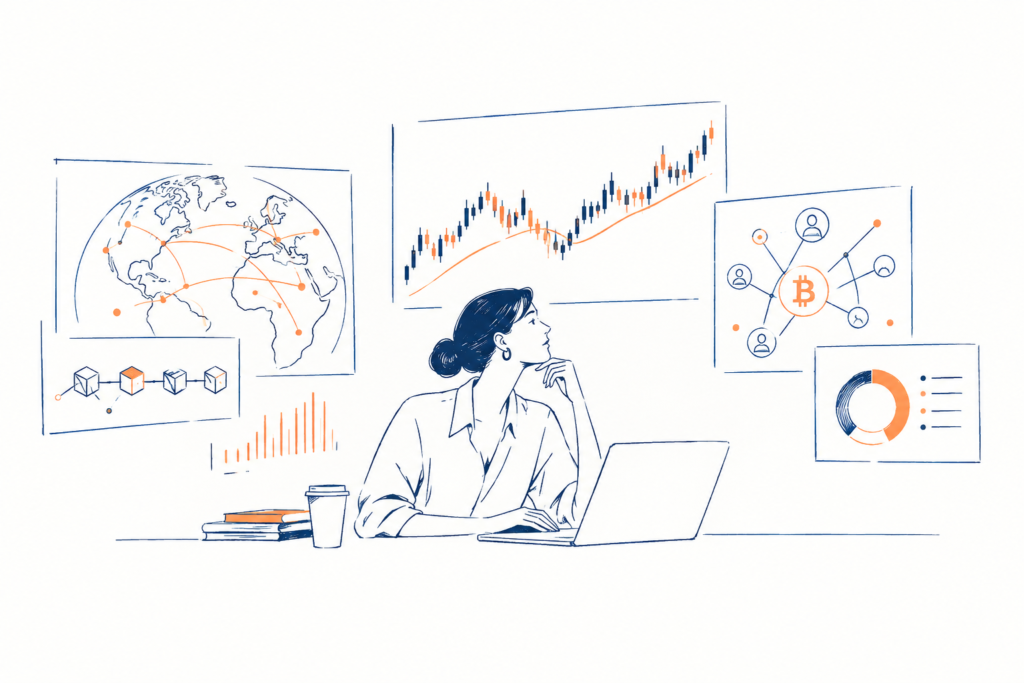 Illustration of a woman studying cryptocurrency and global markets at a laptop, surrounded by charts, Bitcoin network graphics, and books