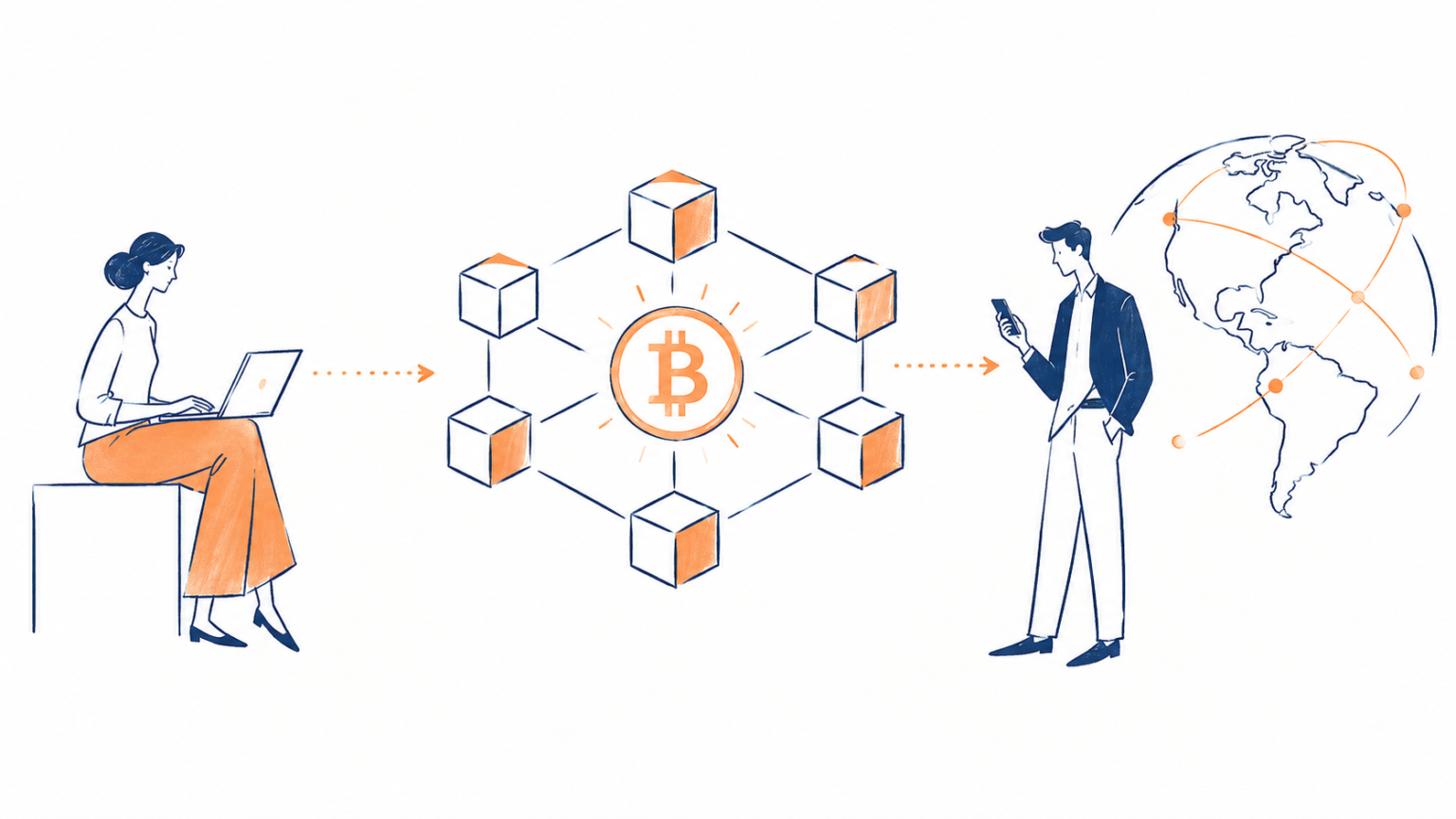Illustration of a woman working on a laptop, a Bitcoin blockchain network, and a businessman with a global map, conveying digital finance