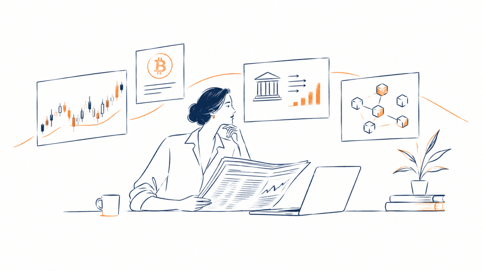 Illustration of a focused woman reading financial news at a desk with a laptop, stock chart, Bitcoin symbol, banking, and blockchain graphics