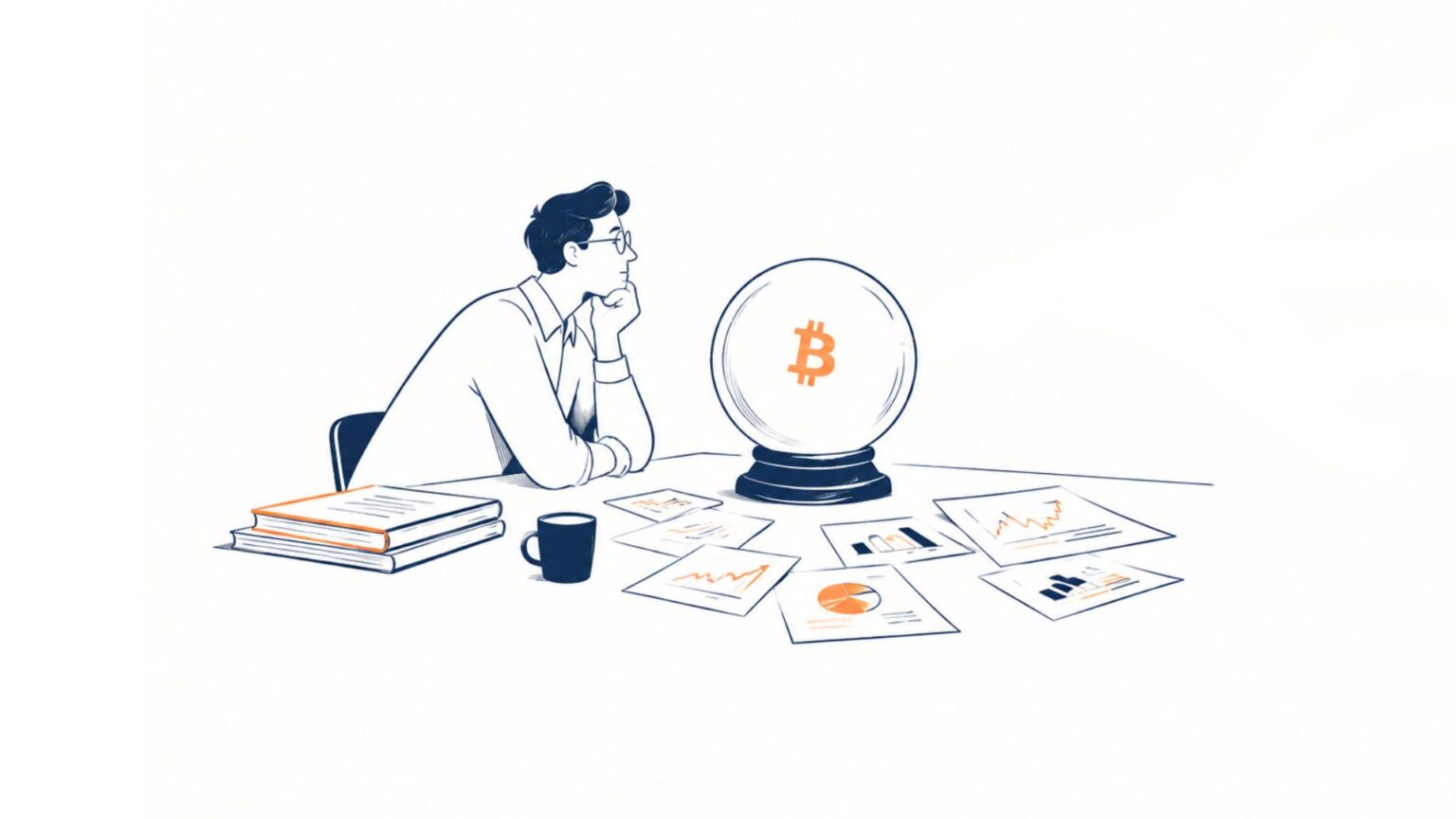 Illustration of a thoughtful person studying cryptocurrency charts at a desk, with a glowing Bitcoin symbol, papers, and coffee; calm, analytical tone