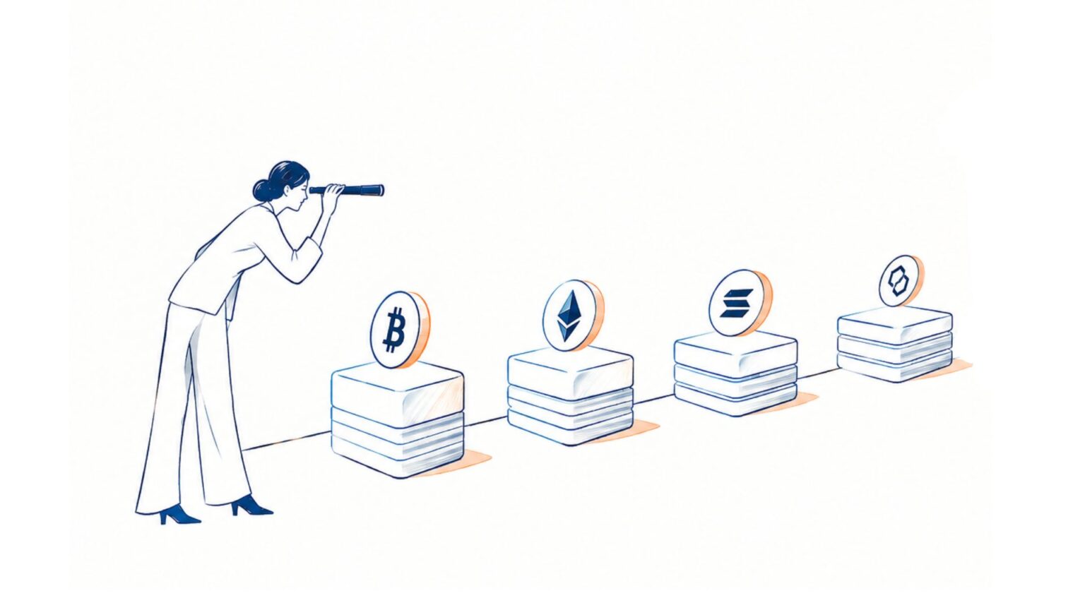 Understanding Altcoin News: Layer 1s and Emerging Token Trends Illustration of a person using a telescope to examine four stacked cryptocurrency blocks topped with Bitcoin, Ethereum, Solana, and other coin symbols