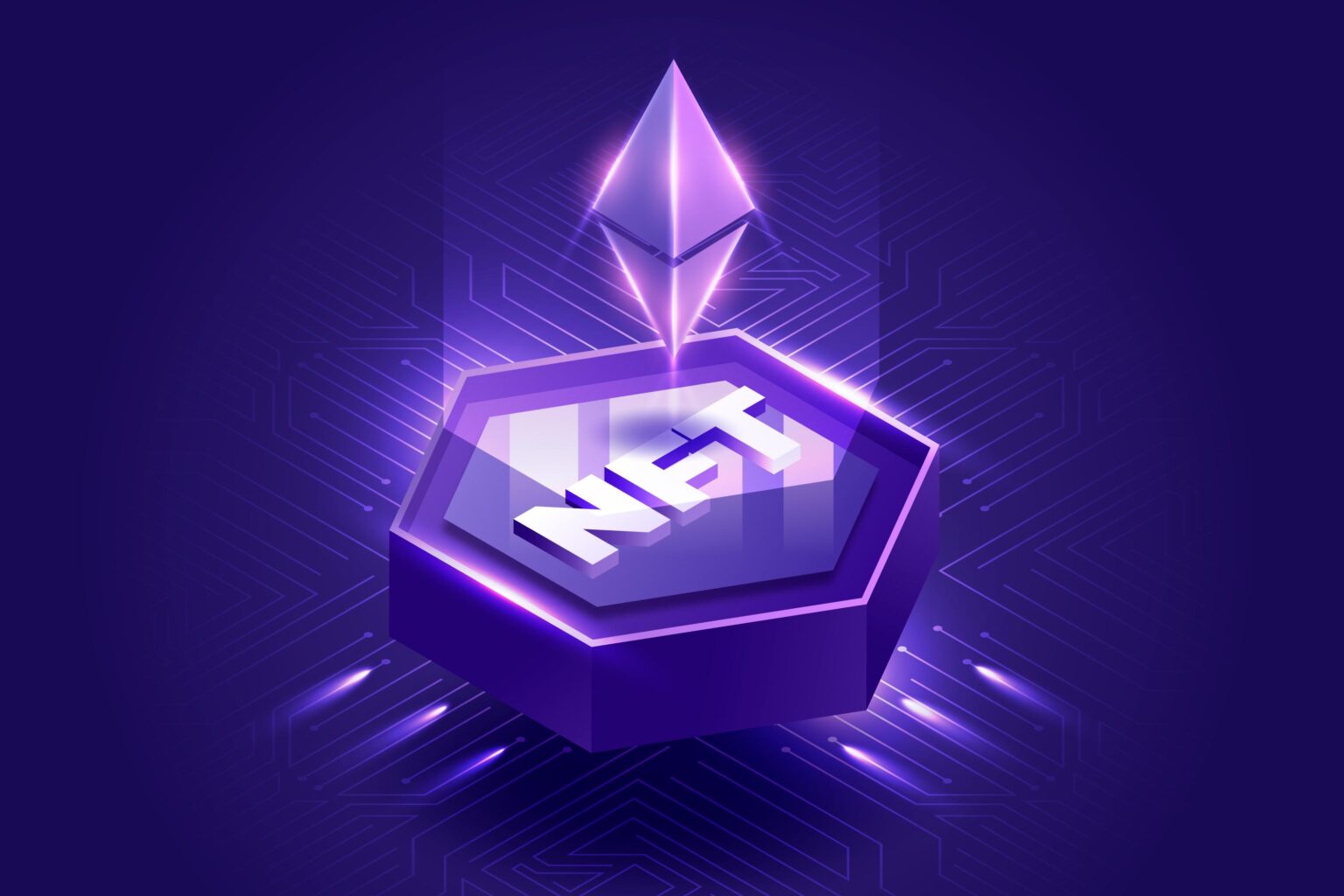 Glowing Ethereum diamond floats above a futuristic purple platform labeled “NFT,” surrounded by neon circuitry and radiant light