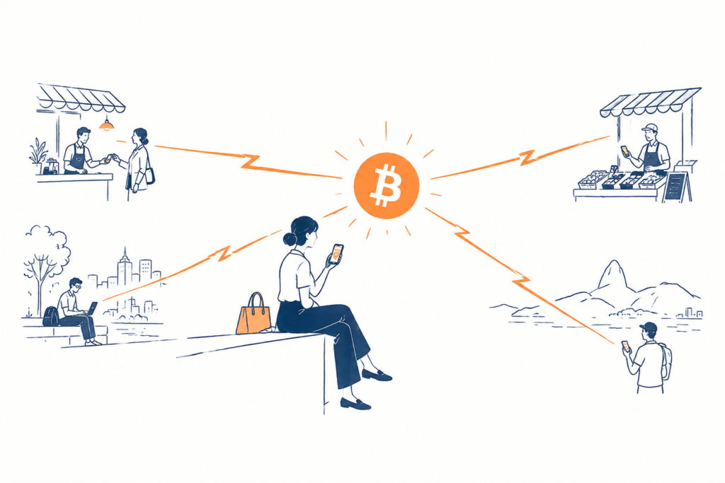 What Is the Lightning Network and How Does It Work? Bitcoin illustration linking shoppers, market vendors, a traveler, and a smartphone user across cities and mountains with orange lightning lines