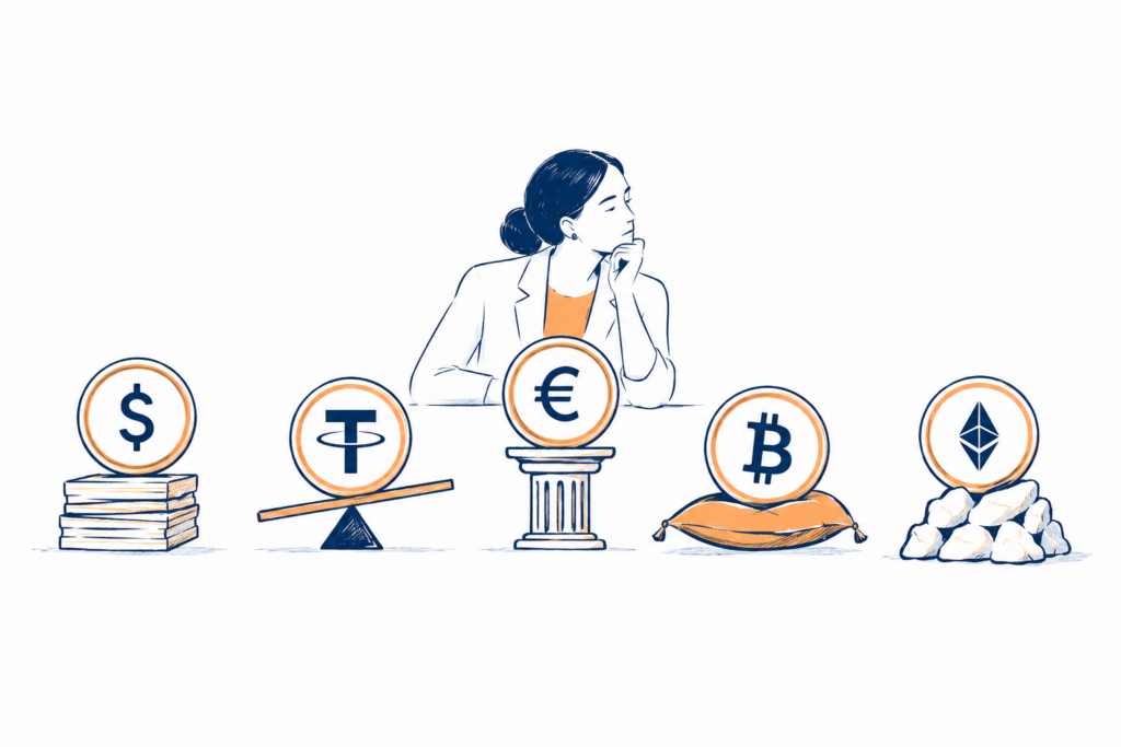 What Are the Different Types of Stablecoins and How Do They Work? Editorial illustration of a thoughtful woman weighing currency choices: dollar, Tether, euro, Bitcoin and Ethereum