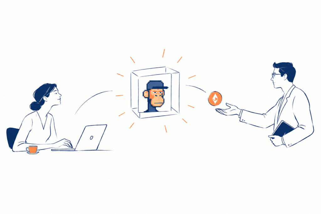 Illustration of two professionals collaborating remotely, exchanging an Ethereum symbol, with a digital avatar in a central cube