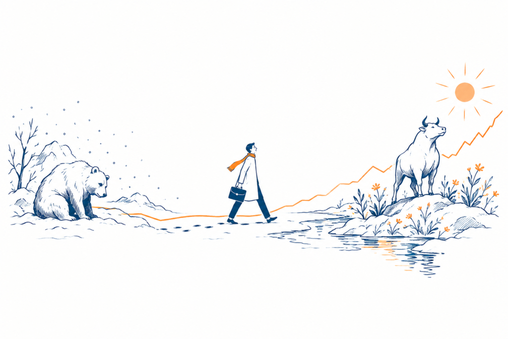 How to Tell When a Crypto Winter Is Ending Illustrated hiker walks between a bear and mountain goat in a snowy alpine landscape, with a rising orange trail, sun, and stream.