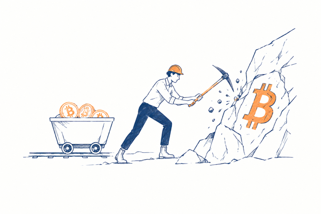 Illustration of a miner using a pickaxe to break into a rocky wall marked with Bitcoin, while a cart holds coins