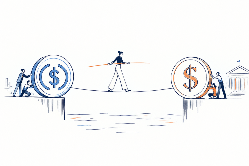 Illustration of a person balancing on a tightrope between large dollar coins, with workers and a bank symbolizing financial risk and uncertainty