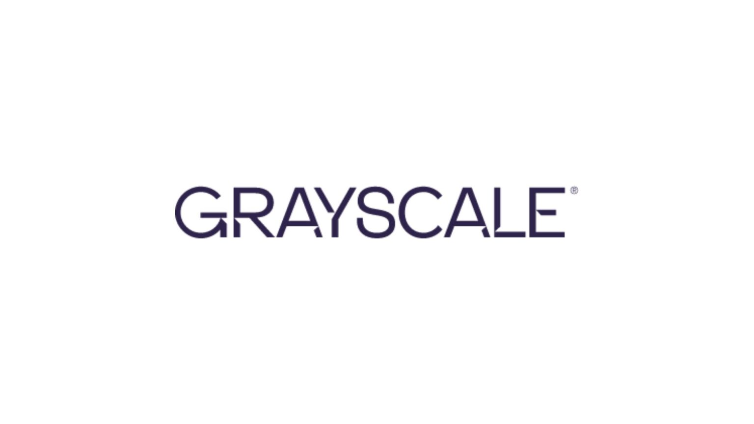 Stylized uppercase “GRAYSCALE” logo in dark purple lettering on a white background, with a small registered trademark symbol at the upper right