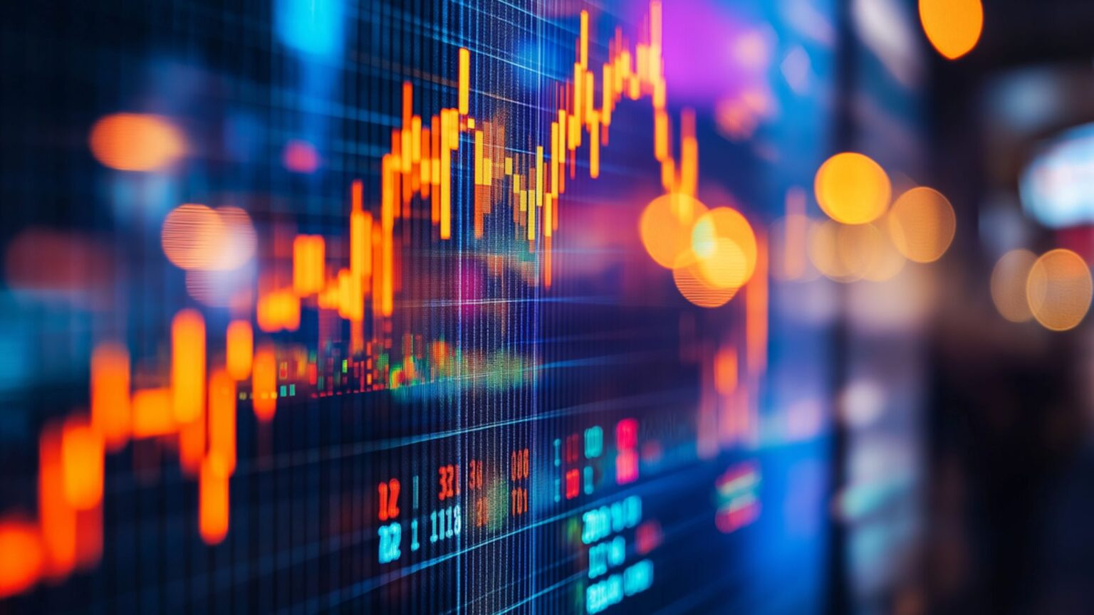 Glowing stock market chart with orange and yellow price lines rising across a digital trading screen, suggesting fast-paced financial growth