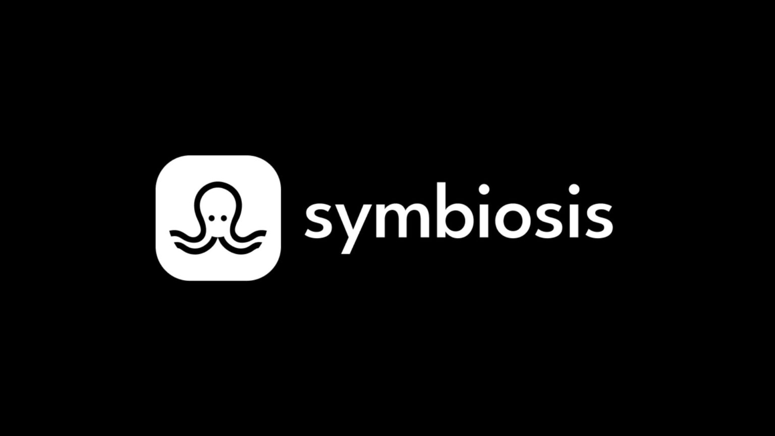 white symbiosis logo and wordmark centered on a black background