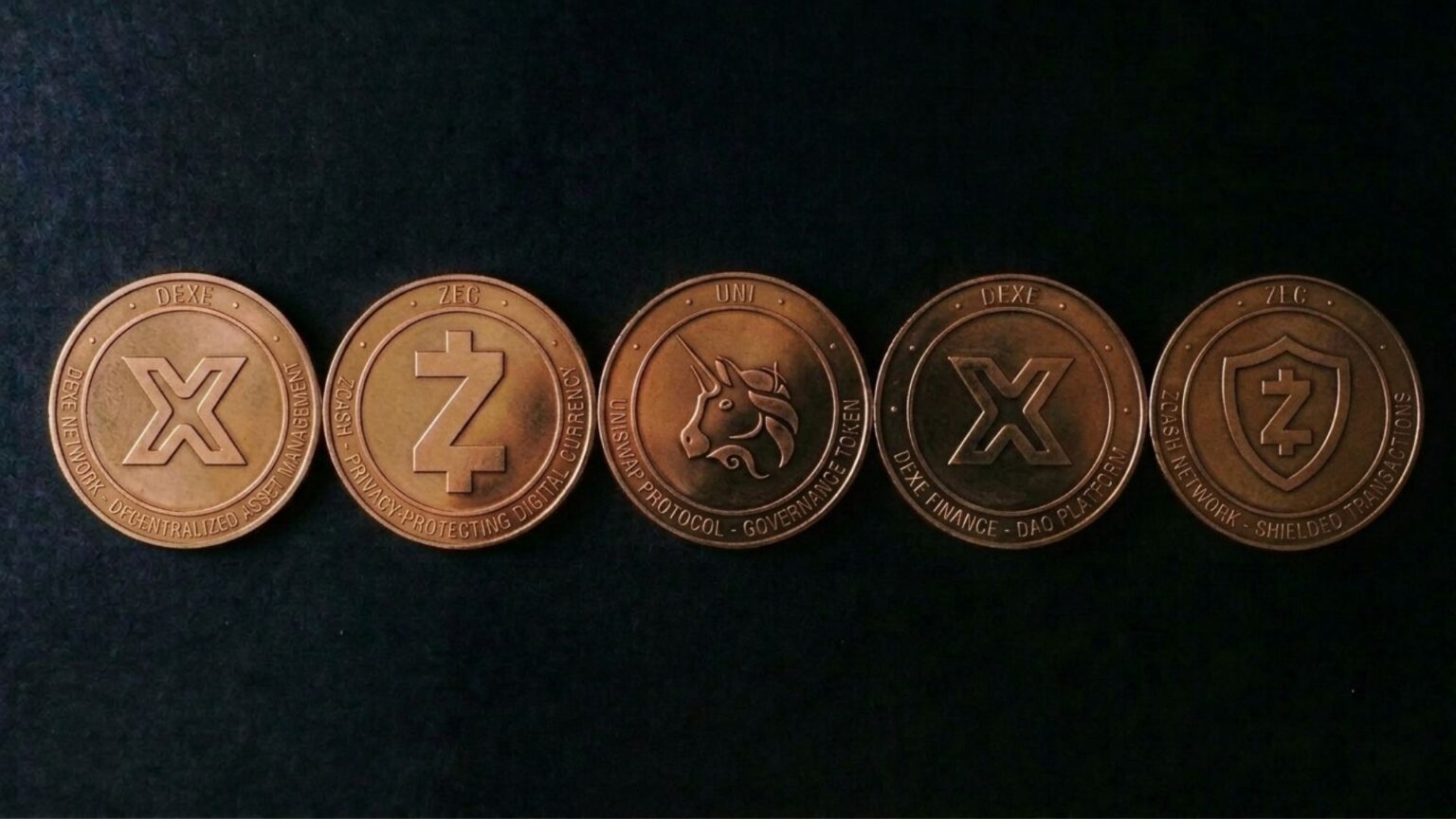 Five bronze cryptocurrency coins—Litecoin, Zcash, Dogecoin, Monero, and another Zcash—lined up on a dark green background