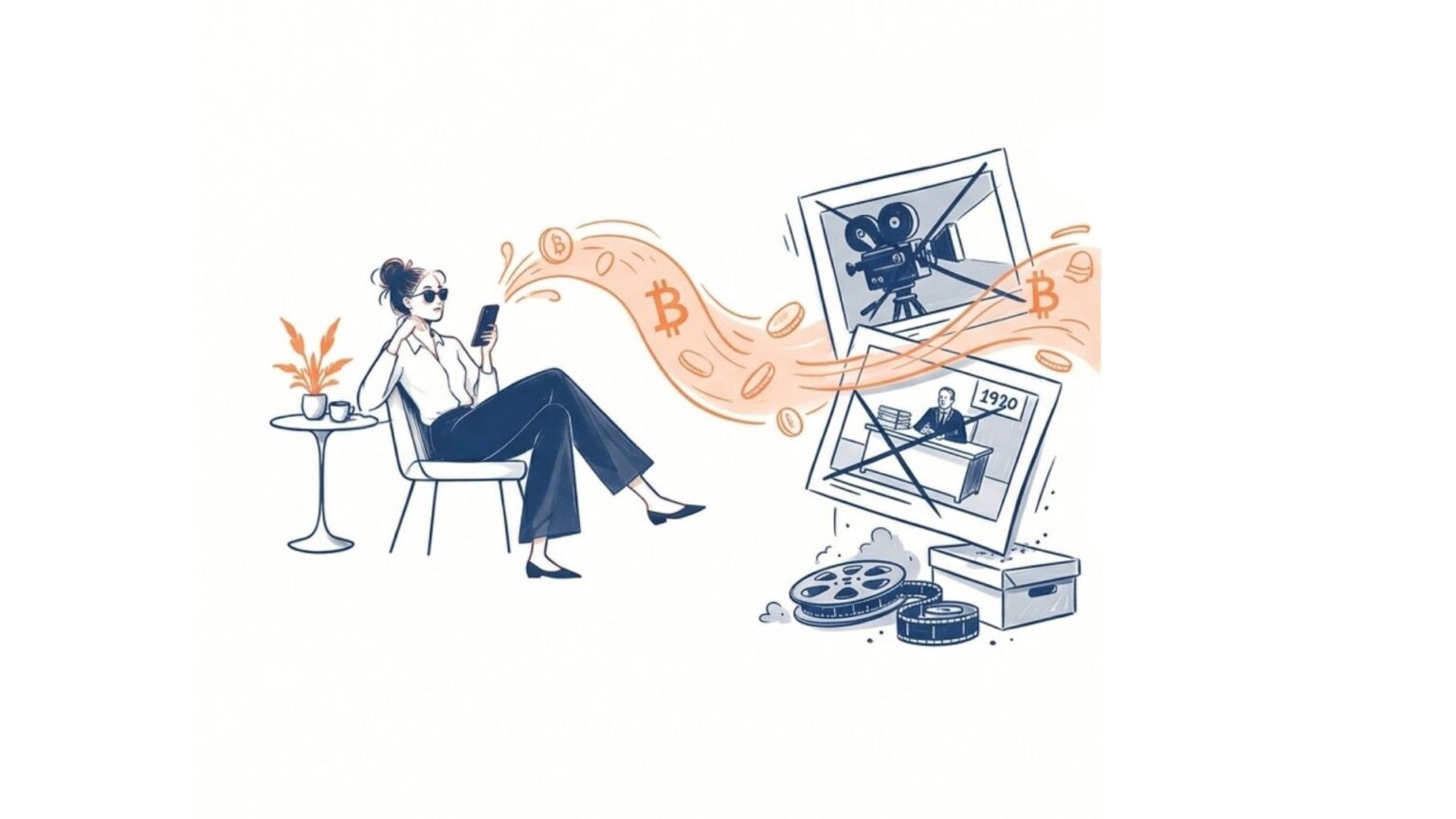 Illustration of a woman relaxing with a smartphone as flowing Bitcoin symbols connect to digital finance screens, charts, and stacked coins