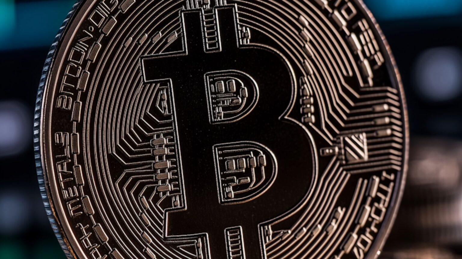 Close-up of a metallic Bitcoin coin with the ₿ symbol and circuit-style engravings, sharply lit against a dark background