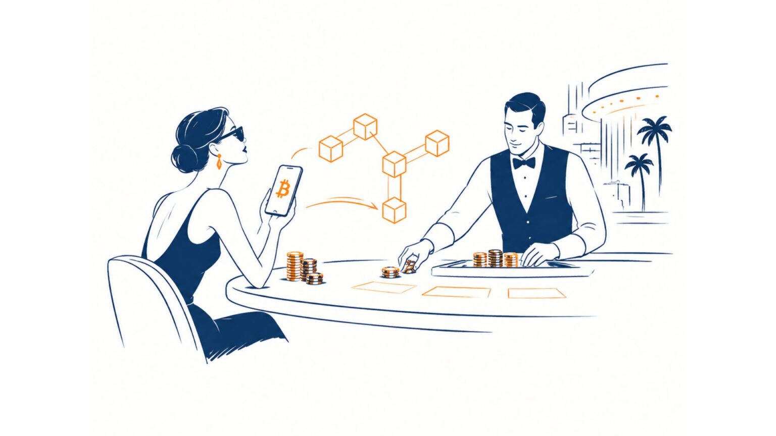 Stylized illustration of a woman scanning a phone at a hotel counter while a concierge handles payment; blockchain icons, palm trees, and calm service