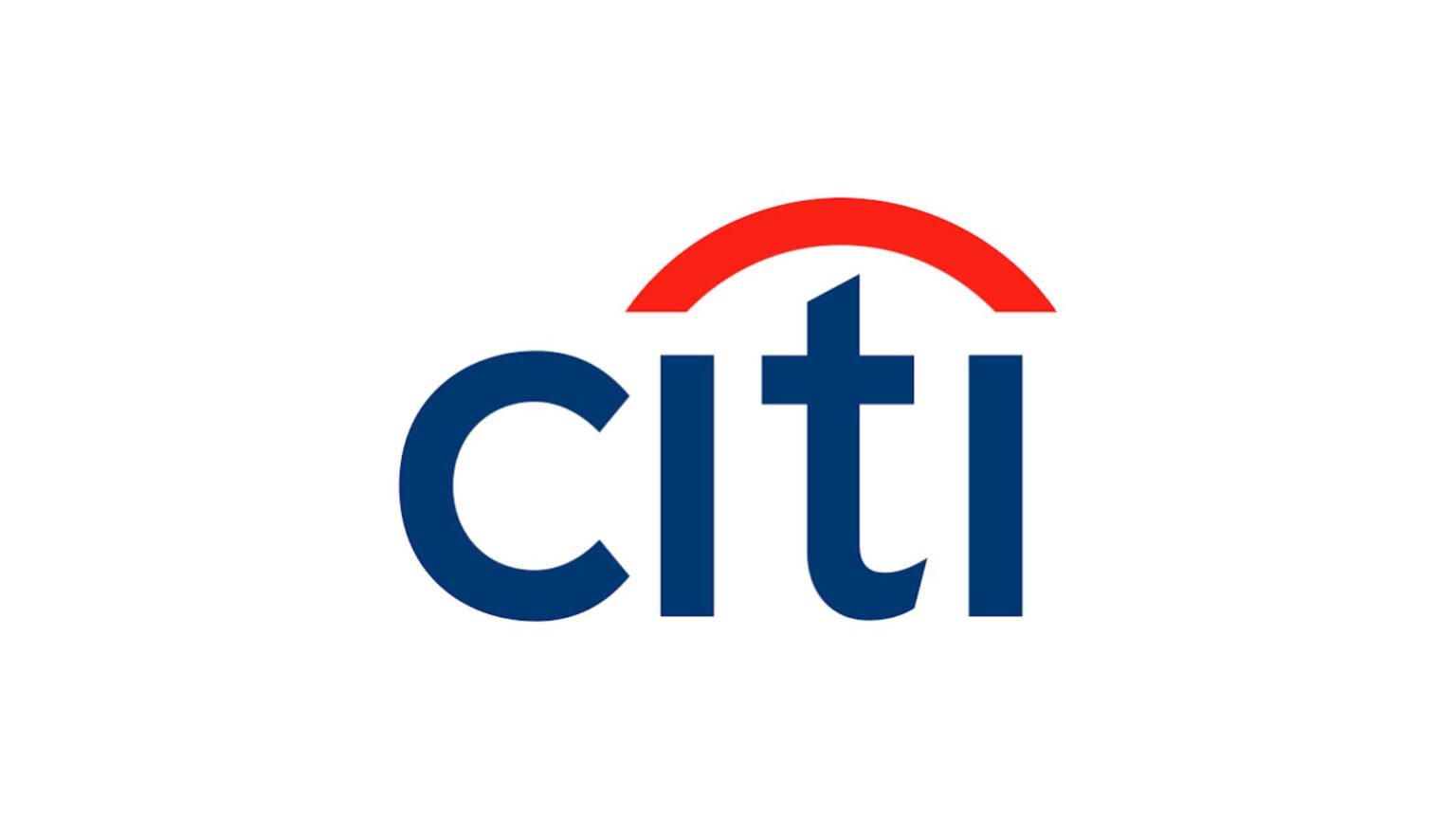 Citi bank logo on a white background: lowercase blue “citi” lettering with a red curved arch over the “t,”