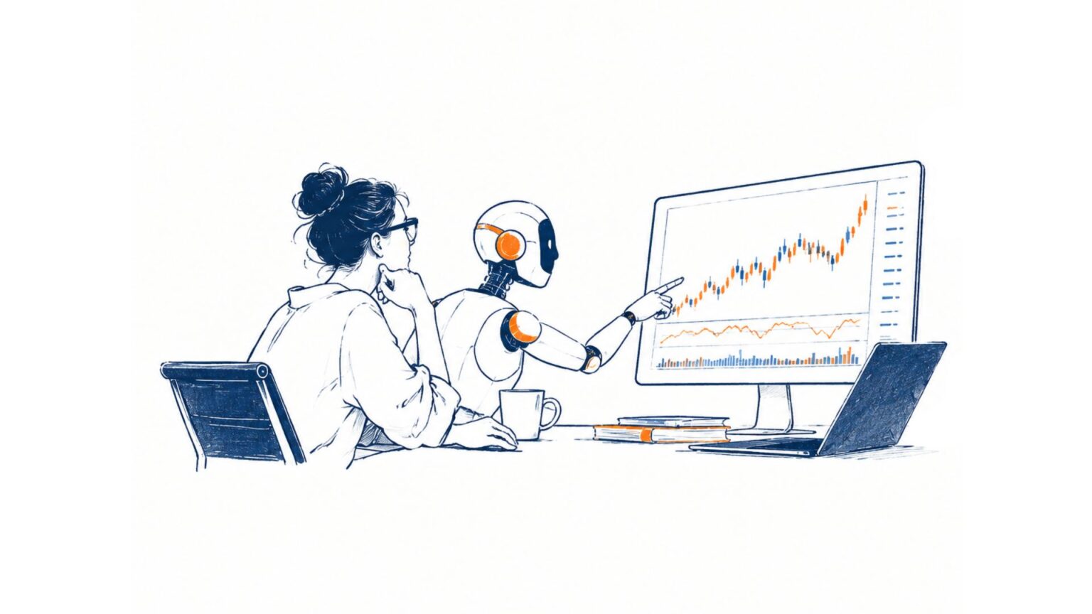 AI crypto trading illustration showing a trader using artificial intelligence to filter market data and support crypto trading decisions