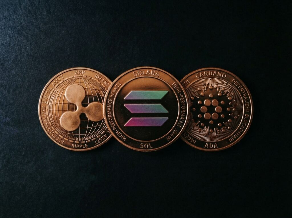 Three cryptocurrency coins—XRP, Solana, and Cardano—arranged side by side on a dark textured surface