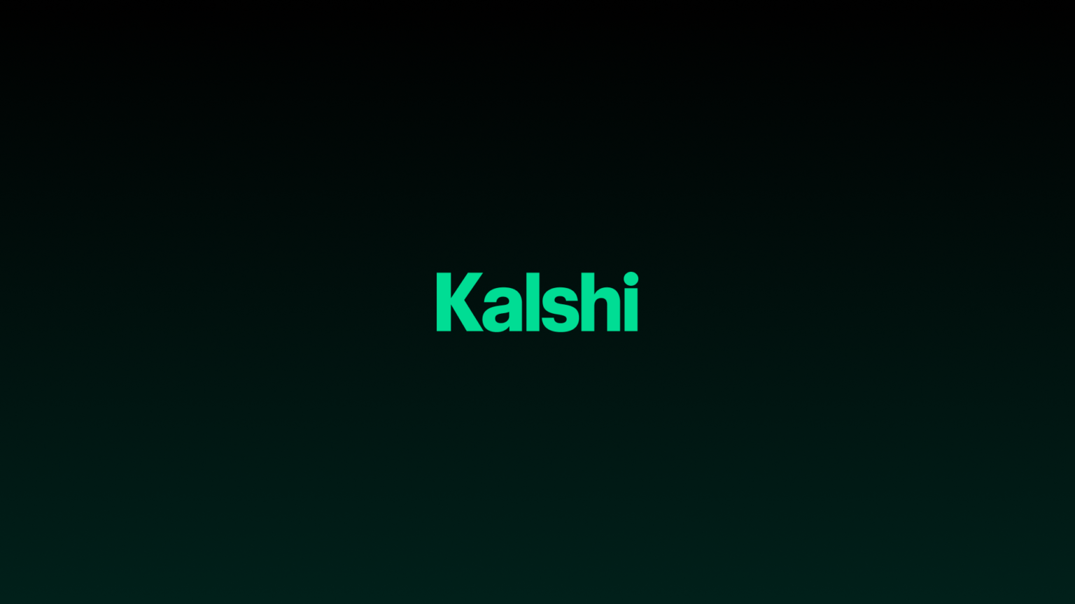 Centered bright “Kalshi” logo on a nearly black, deep green background
