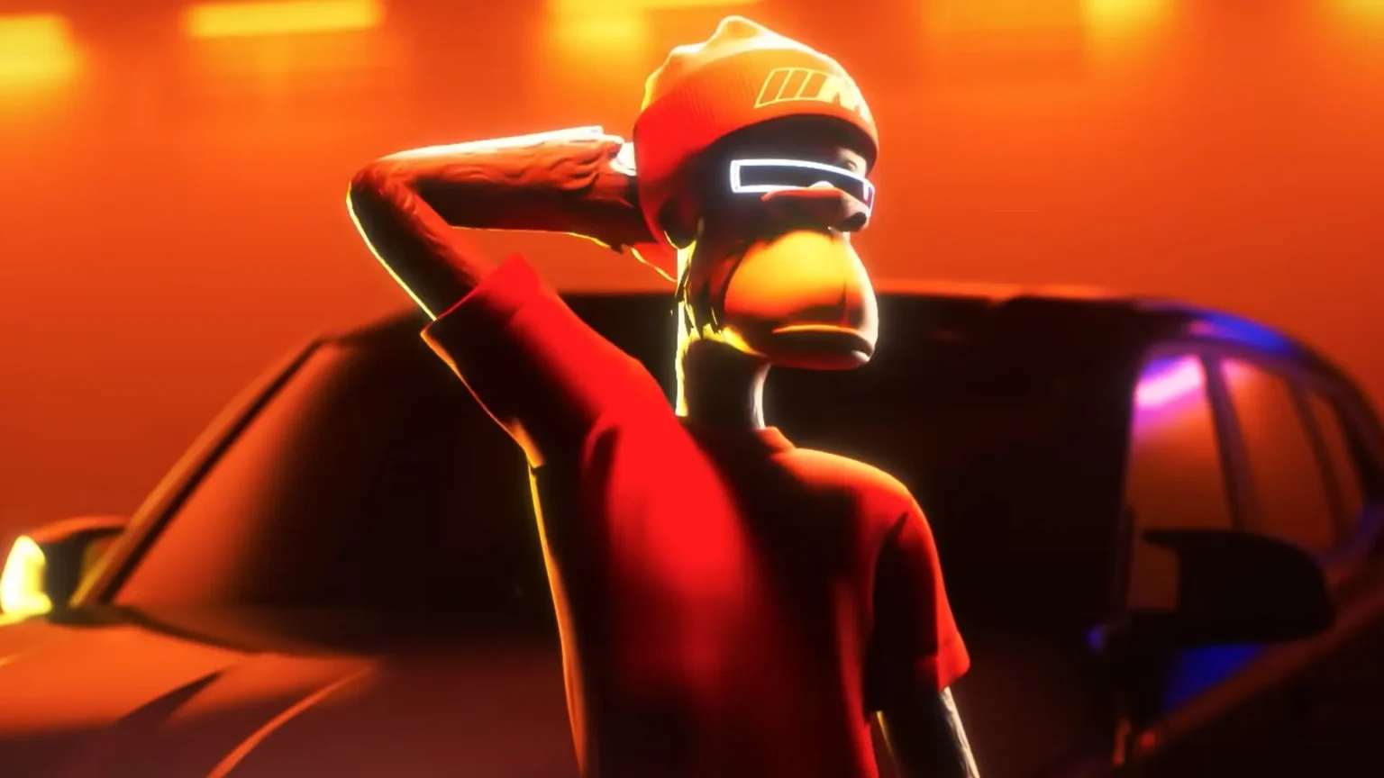 Stylized monkey in a red shirt, cap, and sunglasses poses beside a dark car under dramatic orange lighting, crypto NFTs