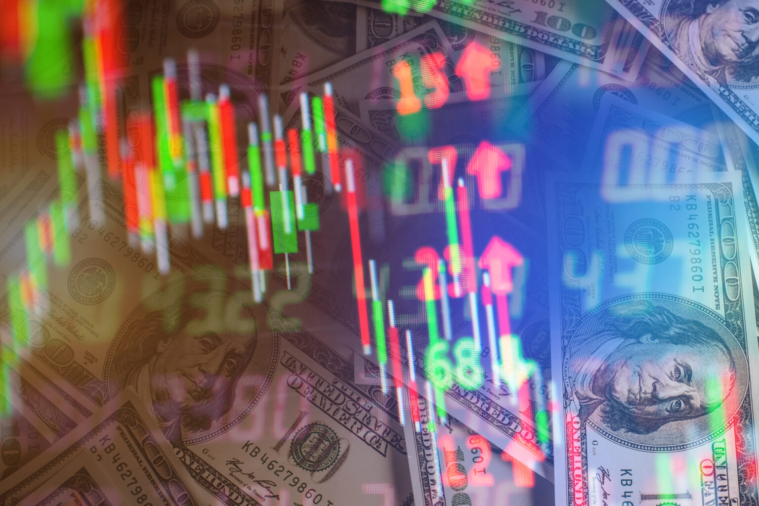 Colorful red, green, and blue stock-market candlestick charts overlay U.S. dollar bills, conveying volatile trading, finance, and investment risk
