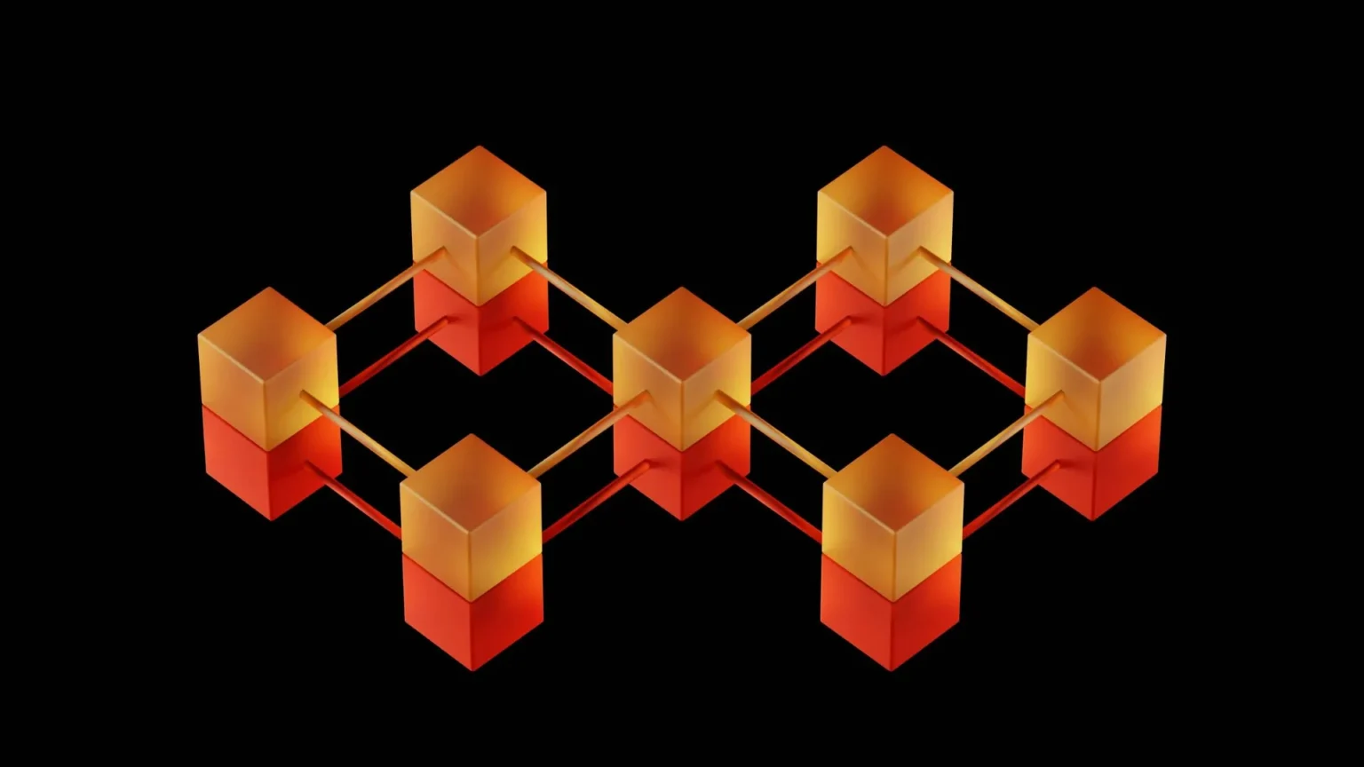 Token Unlocks to Watch as Crypto Releases More Than $900 Million Seven glowing orange-red cubes form a symmetrical molecular network, connected by angular red and gold lines against a black background.