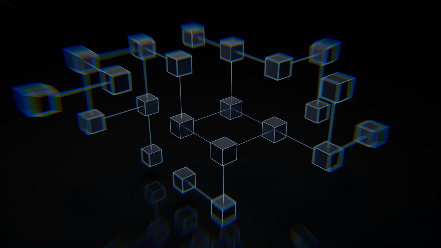 Tokenized Stocks Hit 3 Million Holders as Trading Volume Falls Futuristic 3D network of glowing blue and green outlined cubes linked by thin lines, floating against a black background, suggesting advanced connectivity