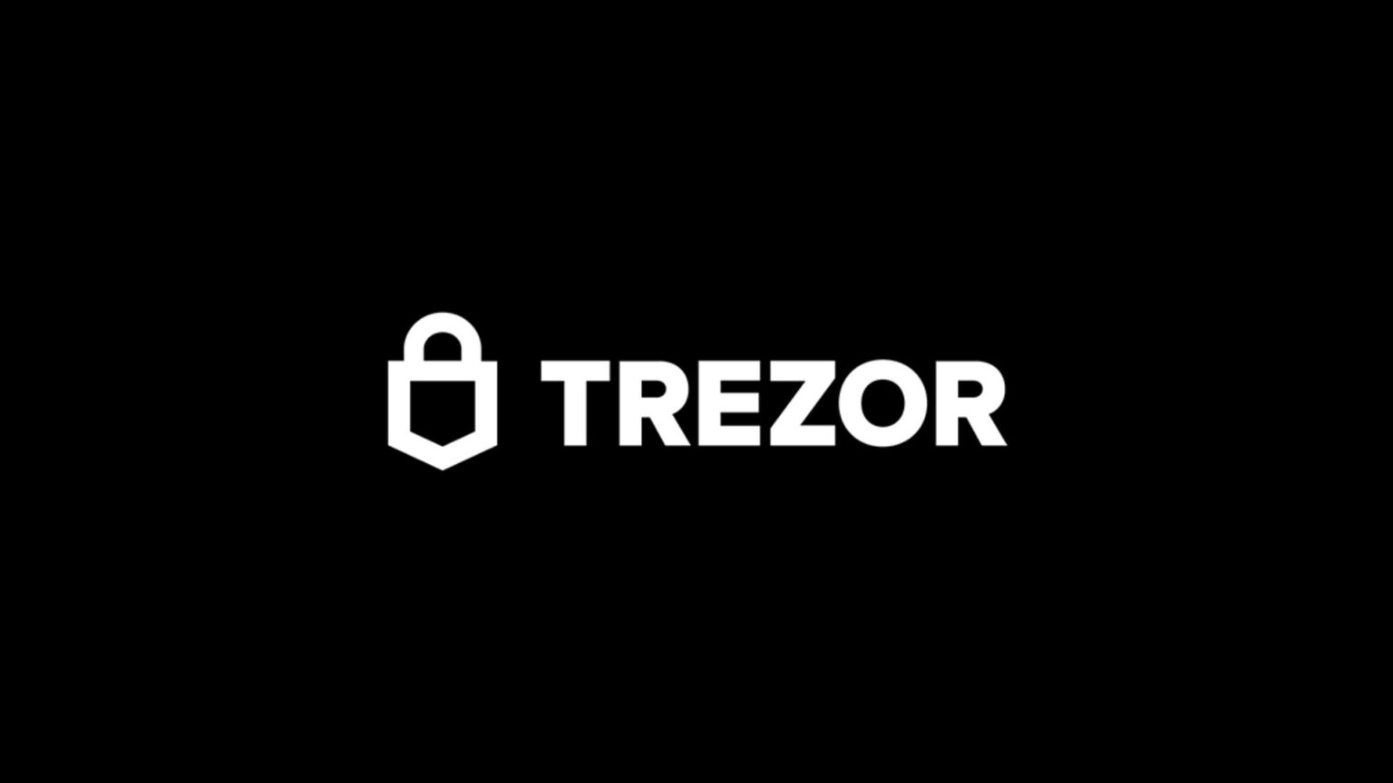 White Trezor padlock logo and bold wordmark centered on a black background